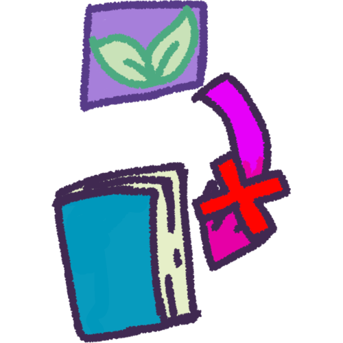  a pair of green leaves in a purple box above a dark blue dictionary. There is a magenta arrow pointing from the circle to the book. On top of the arrow is a red X, showing that the meaning was wrong